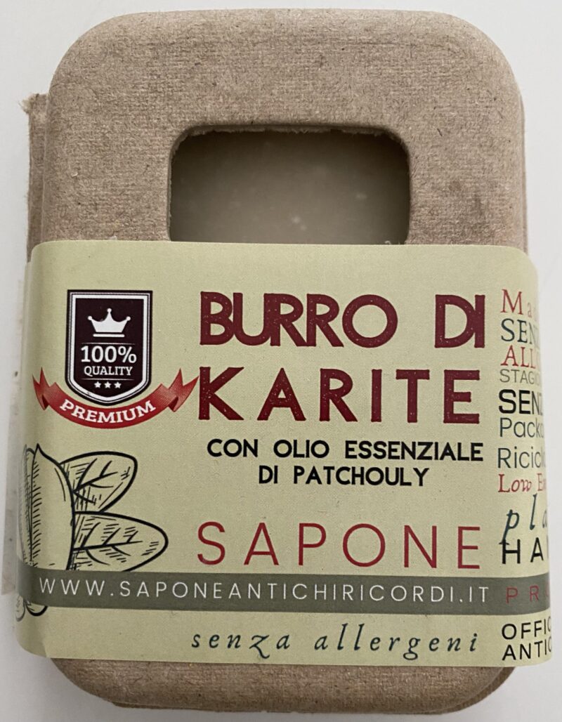 SAPONE AL PATCHOULY E BURRO DI KARITÈ PACKAGING IN CARTONE RICICLATO 100 gr