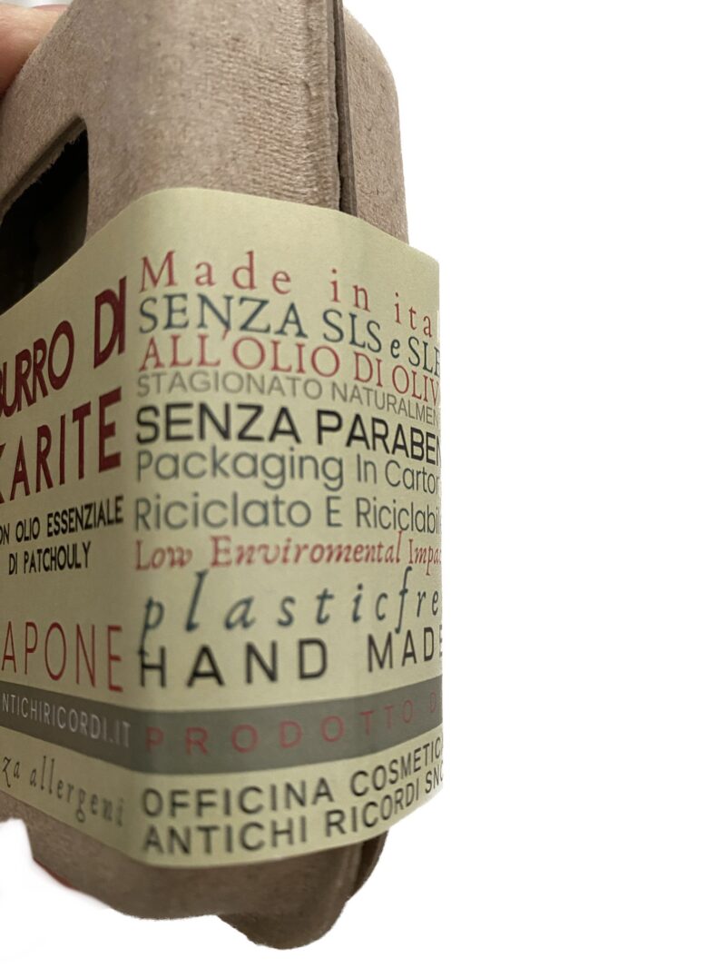 SAPONE AL PATCHOULY E BURRO DI KARITÈ PACKAGING IN CARTONE RICICLATO 100 gr - immagine 2