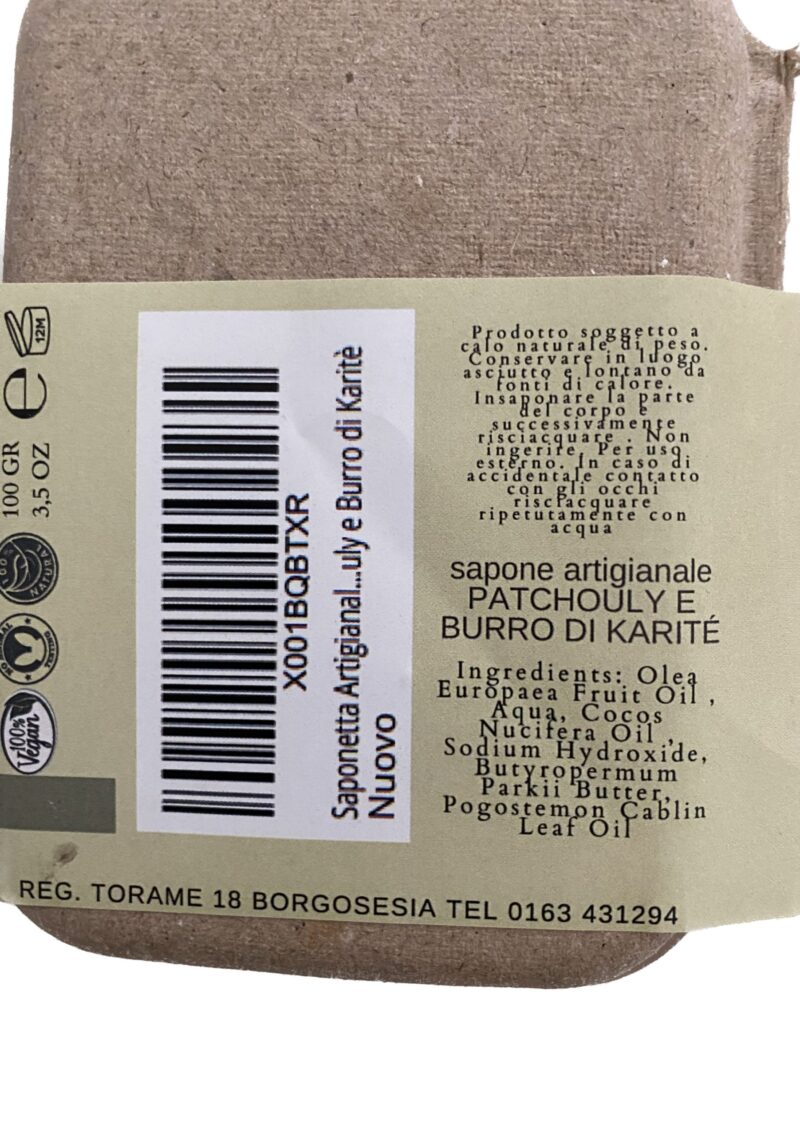 SAPONE AL PATCHOULY E BURRO DI KARITÈ PACKAGING IN CARTONE RICICLATO 100 gr - immagine 3